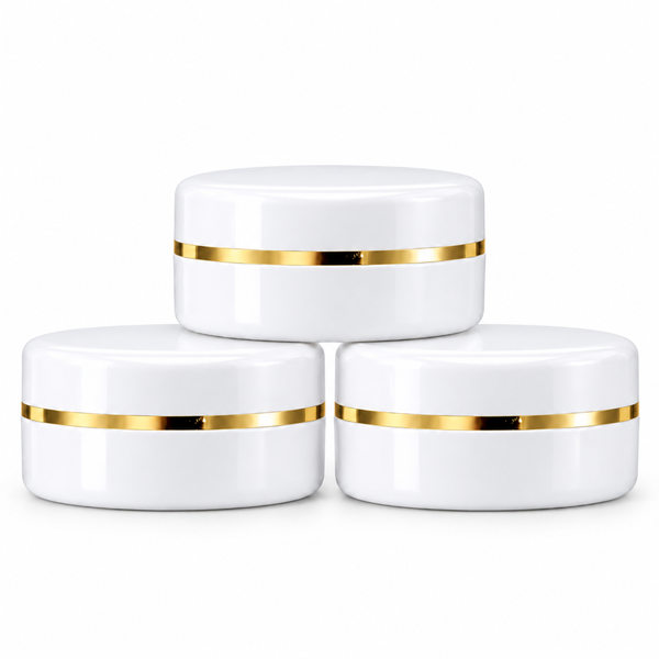WHITE PLASTIC JAR WITH GOLDEN WHITE CAP 50gm