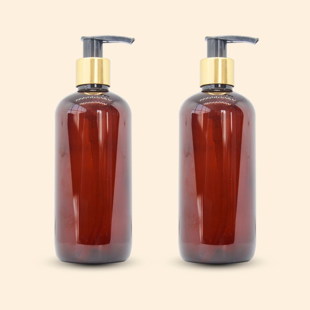 Salvia Packaging,Glass Amber Bottles PET golden cap pump bottle 300ml