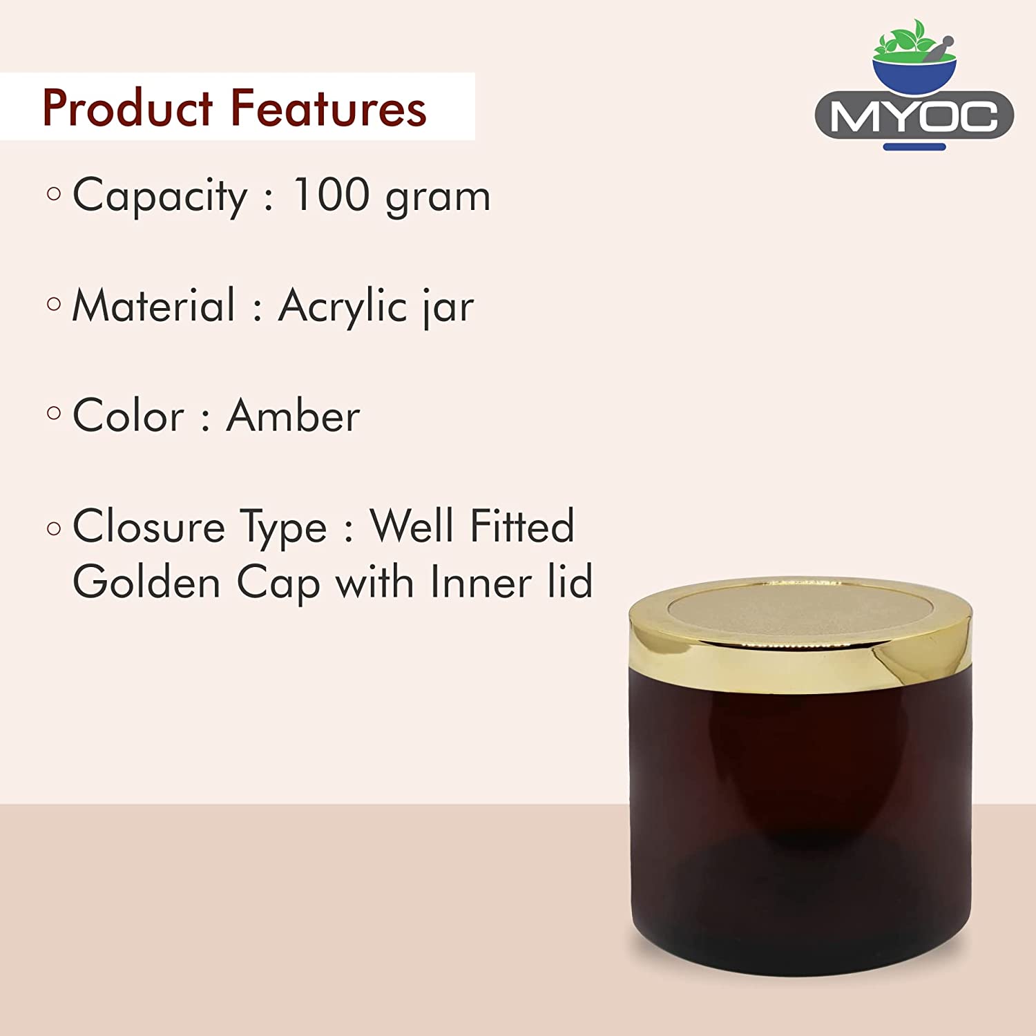 Shoprythm Cosmetic Jar MYOC Amber San Jars with Golden Cap & Inner lid for Creams, Gel, Body Scrub & Butter, DIY Cosmetic Use, Storage Jar- 100gm (Pack of 4)